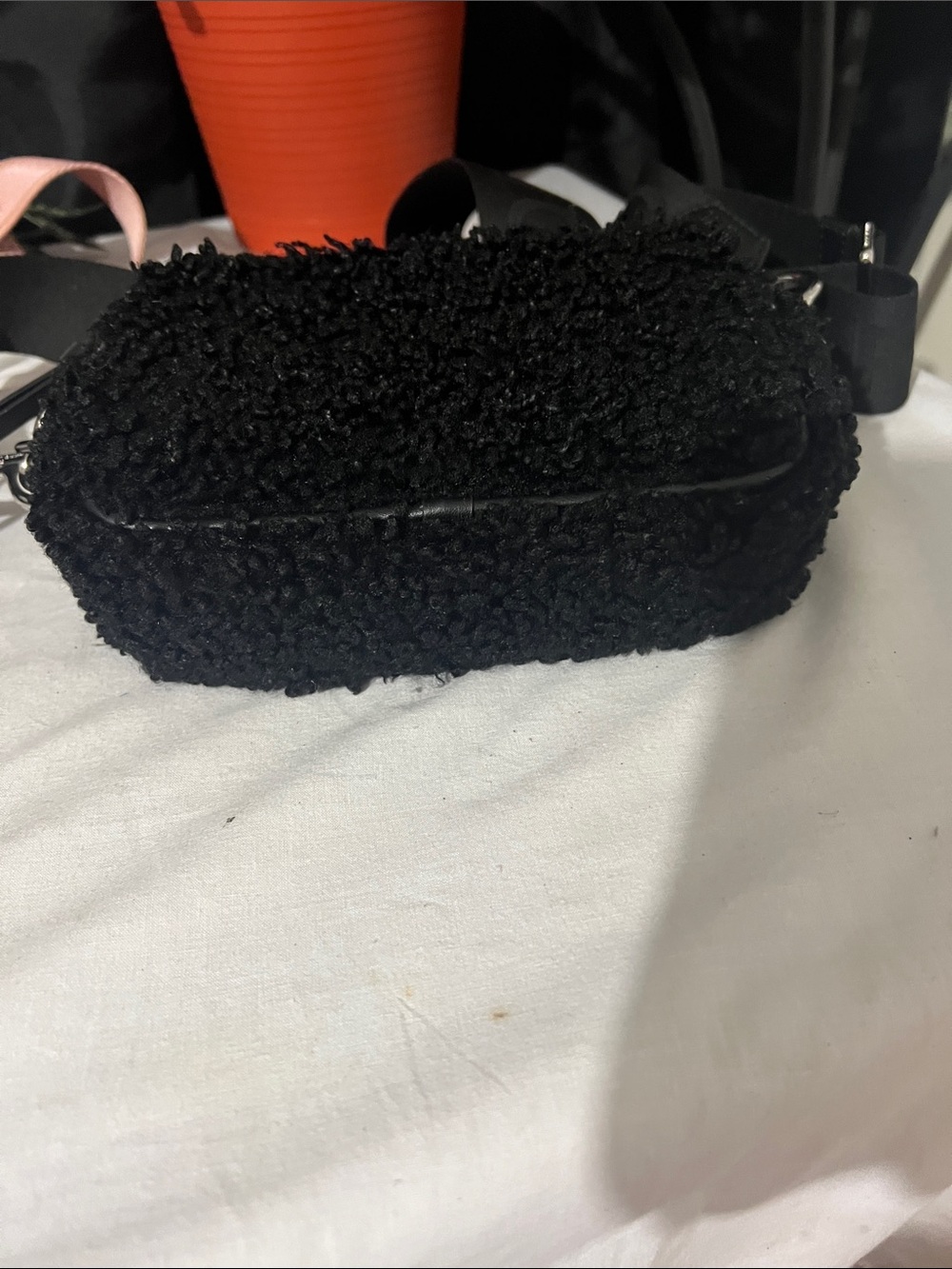 Black Shearling Crossbody Bag with Wide Logo Strap - Picture 4 of 9